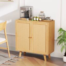 VOGREX Natural Freestanding Coffee Bar Cabinet Kitchen Storage Cupboard in Beige - thumbnail 4