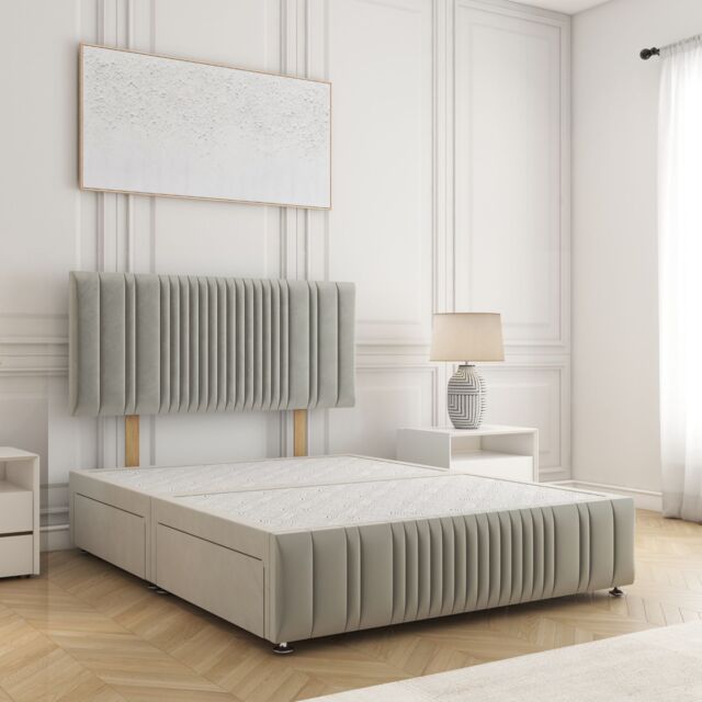 "BSSPOKE Rosie Plush Velvet Divan Bed Set 24"" Headboard & 4Drawers No Mattress in Silver - Size: Super King" - image 1