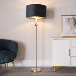 ValueLights Marissa Gold Stacked Ball Floor Lamp with Velvet Drum with Gold Inner Shade in Black