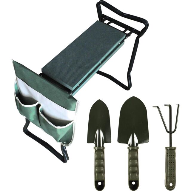 mysmartbuy Garden Kneeler & Hand Tool Set - Foldable Foam Gardening Seat or Kneeling Pad with Handles, Side Pocket, 2 x Trowels & Rake in Green - image 1