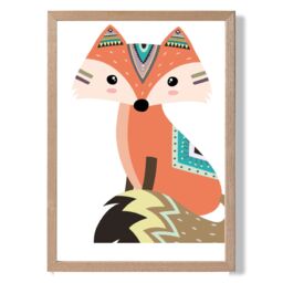 ARTZE Sitting Orange Fox Tribal Animal Framed Print SIZE: A4 with Oak Frame