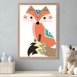 ARTZE Sitting Orange Fox Tribal Animal Framed Print SIZE: A4 with Oak Frame - thumbnail 2