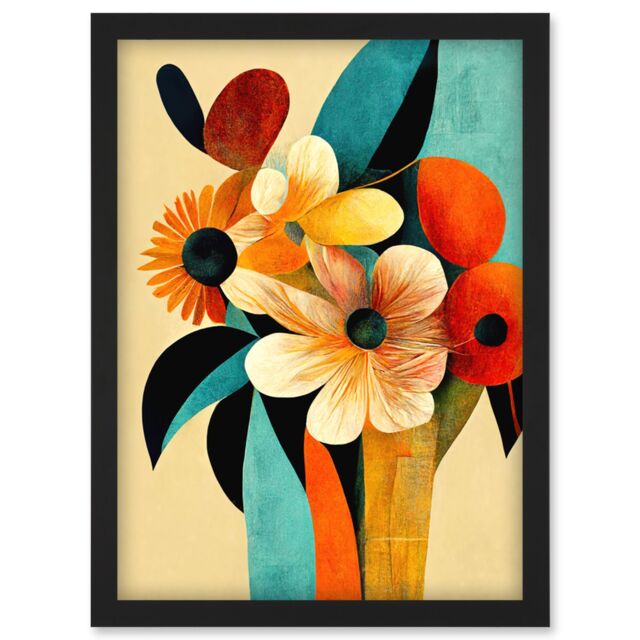 Artery8 Vibrant Modern Abstract Oil Painting Summer Flower Bouquet Teal Orange Artwork Framed Wall Art Print A4 in Black - image 1