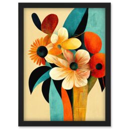 Artery8 Vibrant Modern Abstract Oil Painting Summer Flower Bouquet Teal Orange Artwork Framed Wall Art Print A4 in Black - thumbnail 1