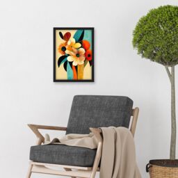 Artery8 Vibrant Modern Abstract Oil Painting Summer Flower Bouquet Teal Orange Artwork Framed Wall Art Print A4 in Black - thumbnail 2