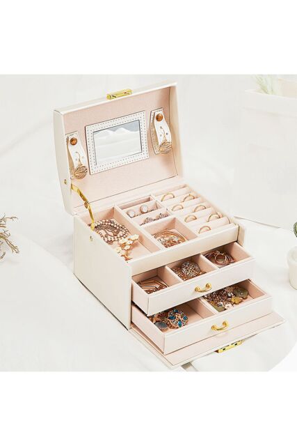 H&O Direct PU Leather Jewellery Box with Mechanism Key Lock in White - image 1