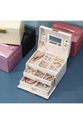 H&O Direct PU Leather Jewellery Box with Mechanism Key Lock in White - thumbnail 3