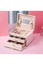 H&O Direct PU Leather Jewellery Box with Mechanism Key Lock in White - thumbnail 2
