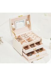 H&O Direct PU Leather Jewellery Box with Mechanism Key Lock in White