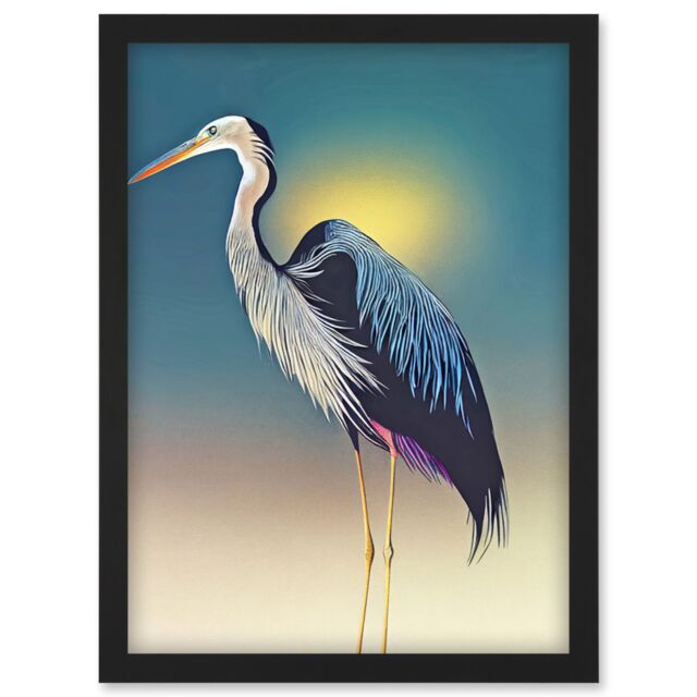Artery8 Heron Sunrise Bird Illustration Artwork Framed Wall Art Print A4 in Black - image 1