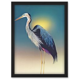 Artery8 Heron Sunrise Bird Illustration Artwork Framed Wall Art Print A4 in Black - thumbnail 1