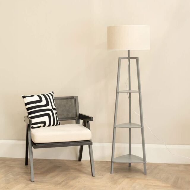 ValueLights Hiru Grey 3 Tier Wood Shelf Floor Lamp with Trimmed Linen Drum Shade in White - image 1