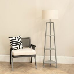 ValueLights Hiru Grey 3 Tier Wood Shelf Floor Lamp with Trimmed Linen Drum Shade in White - thumbnail 3