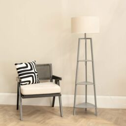 ValueLights Hiru Grey 3 Tier Wood Shelf Floor Lamp with Trimmed Linen Drum Shade in White - thumbnail 1