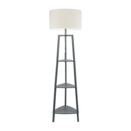ValueLights Hiru Grey 3 Tier Wood Shelf Floor Lamp with Trimmed Linen Drum Shade in White - thumbnail 2