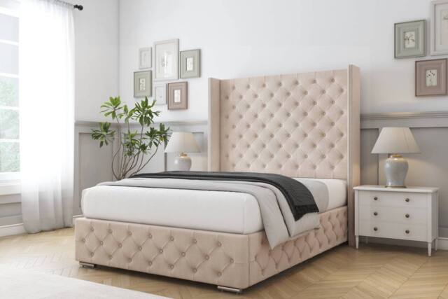 "Comfort Beds Emily Naples Bed Frame - 50"" Upholstered Wingback Headboard in Light Sand - Size: Small Double" - image 1