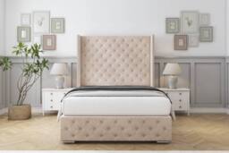 "Comfort Beds Emily Naples Bed Frame - 50"" Upholstered Wingback Headboard in Light Sand - Size: Small Double" - thumbnail 2