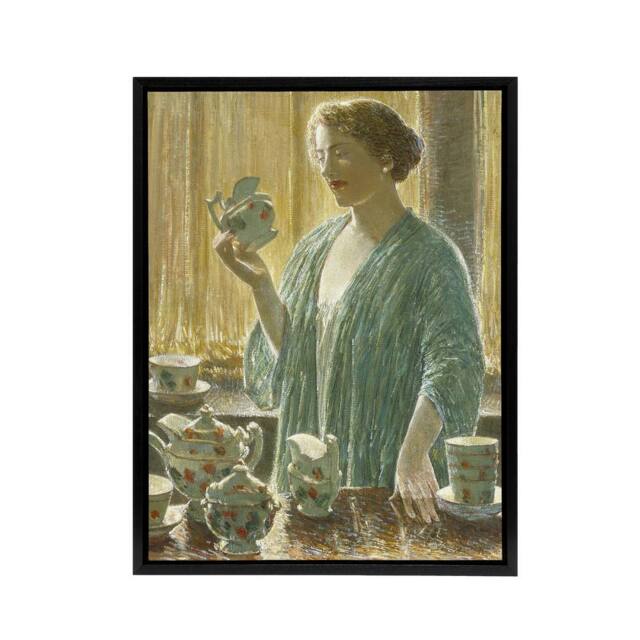 "Artery8 Strawberry Tea Set Domestic Scene Hassam Framed Canvas Wall Art Print - Size: W18"" x H24""" - image 1