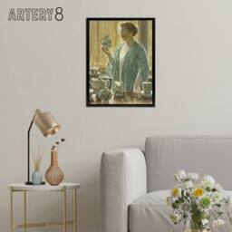 "Artery8 Strawberry Tea Set Domestic Scene Hassam Framed Canvas Wall Art Print - Size: W18"" x H24""" - thumbnail 3