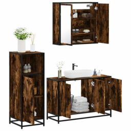 Berkfield Home 3 Piece Bathroom Furniture Set Smoked Oak Engineered Wood in Brown - thumbnail 1