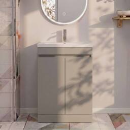 Balterley 600mm Floor Standing 2 Door Compact Unit & Ceramic Basin - Pebble Grey - thumbnail 3