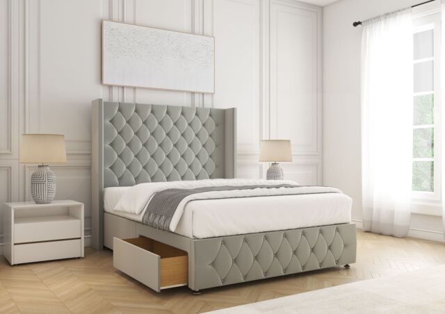 "BSSPOKE Ruby Divan Bed Plush Velvet 54""Headboard 2Drawers Footend No Mattress in Silver - Size: Super King" - image 1