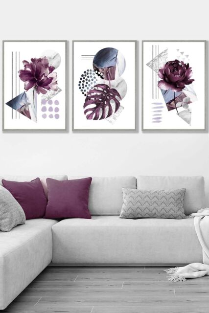 ARTZE Set of 3 Light Grey Framed Abstract Purple & Silver Botanical Wall Art - Size: W45 cm x H62 cm x D20mm - image 1
