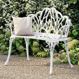 Charles Bentley White Tulip Cast Aluminium Metal 2 Seats Garden Patio Bench Seat - thumbnail 1