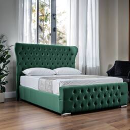 UK Bed Furniture Isabella Slatted Base Upholstered Bed with 48 Inch Wingback Headboard in Green - Size: King - thumbnail 1