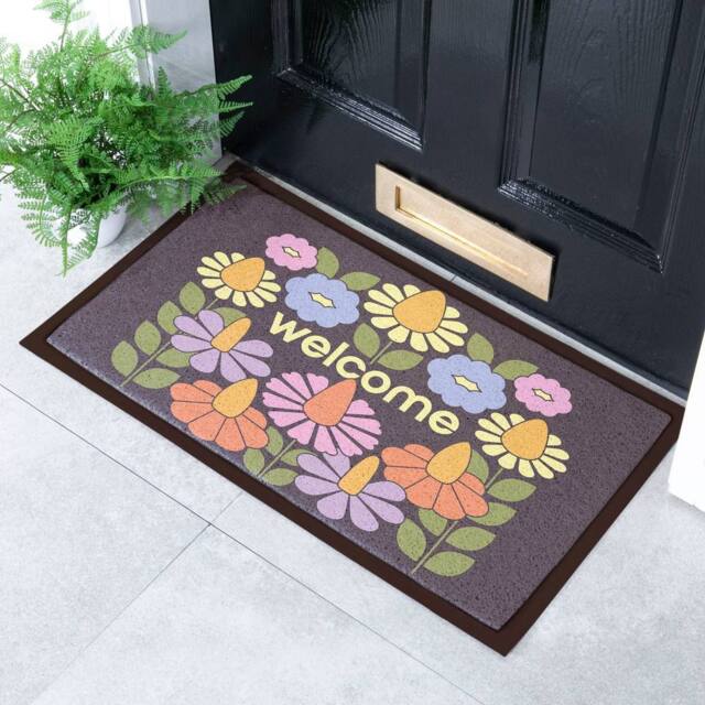 Artsy Mats Elizabeth Olwen Welcome Floral Indoor/Outdoor Doormat (70x40cm) in Brown - Size: 40 cm x 70 cm - image 1