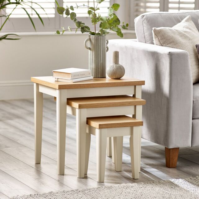 FurnitureboxUK Set of 3 Wooden Nesting Tables - Eden Solid Wood Nested Tables - Pale Oak Stain Tops Cream Legs - Modern Farmhouse Traditional Living - image 1
