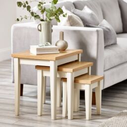 FurnitureboxUK Set of 3 Wooden Nesting Tables - Eden Solid Wood Nested Tables - Pale Oak Stain Tops Cream Legs - Modern Farmhouse Traditional Living - thumbnail 2