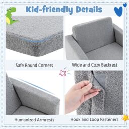 Costway 2-in-1 Kids Convertible Couch Children Fold out Sofa Bed Lounger Flip Open in Grey - thumbnail 6