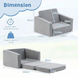 Costway 2-in-1 Kids Convertible Couch Children Fold out Sofa Bed Lounger Flip Open in Grey - thumbnail 2