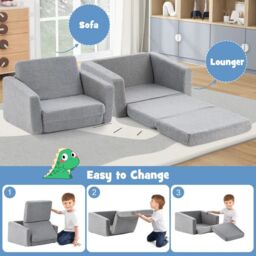Costway 2-in-1 Kids Convertible Couch Children Fold out Sofa Bed Lounger Flip Open in Grey - thumbnail 4
