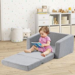 Costway 2-in-1 Kids Convertible Couch Children Fold out Sofa Bed Lounger Flip Open in Grey - thumbnail 3