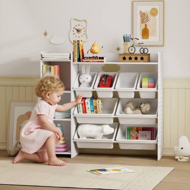 AIYAPLAY Toy Storage Unit with 8 Removable Bins, Storage Shelves, Cabinet in White - image 1