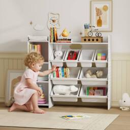 AIYAPLAY Toy Storage Unit with 8 Removable Bins, Storage Shelves, Cabinet in White