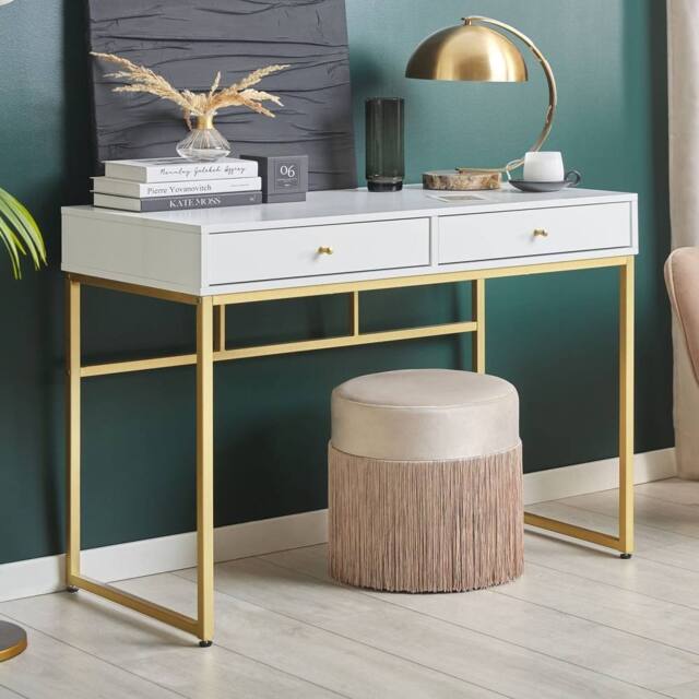 Wyld and Coco Console Table White 2 Drawers 100 x 48 cm with Golden Base - image 1