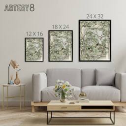 "Artery8 Aviary with Fourteen Birds Schouman Framed Canvas Wall Art Print in Green - Size: W12"" x H16""" - thumbnail 4