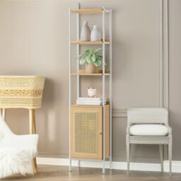 FURNOS Rattan-Like Bookcase Storage Cabinet With 3 Open Adjustable Shelves in Beige - thumbnail 2