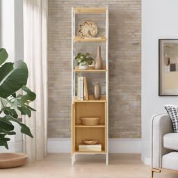 FURNOS Rattan-Like Bookcase Storage Cabinet With 3 Open Adjustable Shelves in Beige - thumbnail 5