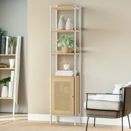 FURNOS Rattan-Like Bookcase Storage Cabinet With 3 Open Adjustable Shelves in Beige - thumbnail 1