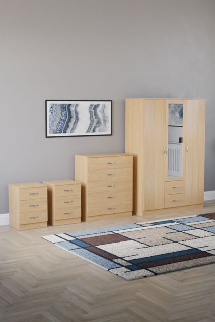 Home Discount Vida Designs 4Pc Bedroom Set 2x3Bedside, 5 Drawer, 3Dr Mirror Wardrobe in Brown - image 1