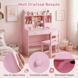 Costway Kids Study Desk & Chair Set Wooden Writing Table w/ Chair & 4 Drawers in Pink - thumbnail 9