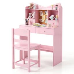 Costway Kids Study Desk & Chair Set Wooden Writing Table w/ Chair & 4 Drawers in Pink - thumbnail 3