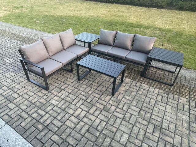 Fimous Aluminium 5 Pieces Outdoor Garden Furniture Lounge Sofa Set with Oblong Coffee Table 2 Side Tables Dark Grey - image 1