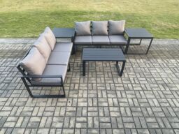 Fimous Aluminium 5 Pieces Outdoor Garden Furniture Lounge Sofa Set with Oblong Coffee Table 2 Side Tables Dark Grey - thumbnail 2
