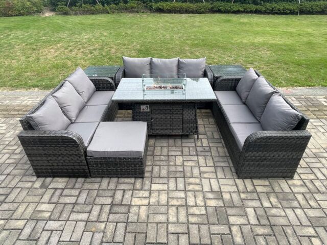 Fimous Rattan Furniture Garden Dining Set Gas Fire Pit Table With 2 Side Tables Lounge Sofa Big Footstool Dark Grey Mixed - image 1