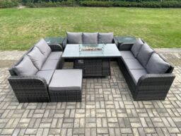 Fimous Rattan Furniture Garden Dining Set Gas Fire Pit Table With 2 Side Tables Lounge Sofa Big Footstool Dark Grey Mixed - thumbnail 3